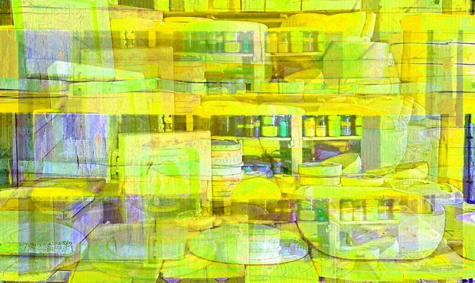 17.11.2022 Manufakturen-Blog-PopArt-Projekt: Formenlager IV, gelb - basierend auf einem Foto im Marstalls der Dornburger Schlösser, in dem von 1920 bis 1925 die Keramik-Werkstatt des Bauhauses Weimar untergebracht war - dort ist heute ein kleines Museum eingerichtet... (Foto: Wigmar Bressel)