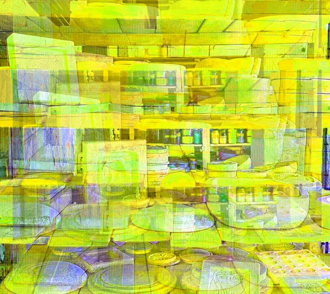 17.11.2022 Manufakturen-Blog-PopArt-Projekt: Formenlager IV, gelb - basierend auf einem Foto im Marstalls der Dornburger Schlösser, in dem von 1920 bis 1925 die Keramik-Werkstatt des Bauhauses Weimar untergebracht war - dort ist heute ein kleines Museum eingerichtet... (Foto: Wigmar Bressel)