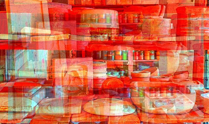 22.05.2022 Manufakturen-Blog-PopArt-Projekt: Formenlager IV, rot - basierend auf einem Foto im Marstalls der Dornburger Schlösser, in dem von 1920 bis 1925 die Keramik-Werkstatt des Bauhauses Weimar untergebracht war - dort ist heute ein kleines Museum eingerichtet... (Foto: Wigmar Bressel)