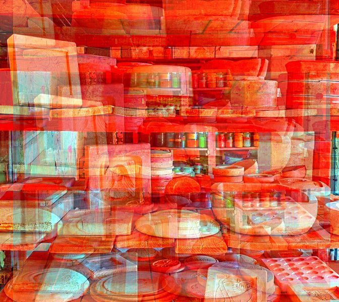 22.05.2022 Manufakturen-Blog-PopArt-Projekt: Formenlager IV, rot - basierend auf einem Foto im Marstalls der Dornburger Schlösser, in dem von 1920 bis 1925 die Keramik-Werkstatt des Bauhauses Weimar untergebracht war - dort ist heute ein kleines Museum eingerichtet... (Foto: Wigmar Bressel)