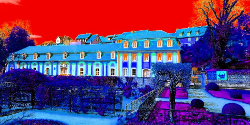 23.05.2022 Manufakturen-Blog-PopArt-Projekt: Keramik-Werkstatt, blau - basierend auf einem Foto des Marstalls der Dornburger Schlösser, in dem von 1920 bis 1925 die Keramik-Werkstatt des Bauhauses Weimar untergebracht war (Foto: Wigmar Bressel)