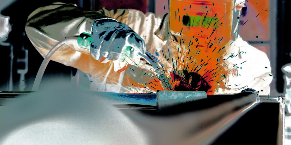 10.12.2022 Manufakturen-Blog-PopArt-Projekt: Schweißen, orange - basierend auf einem Foto in der Produktion der Tresor-Manufaktur Döttling (Grafik: Wigmar Bressel)