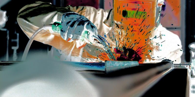 10.12.2022 Manufakturen-Blog-PopArt-Projekt: Schweißen, orange - basierend auf einem Foto in der Produktion der Tresor-Manufaktur Döttling (Grafik: Wigmar Bressel)
