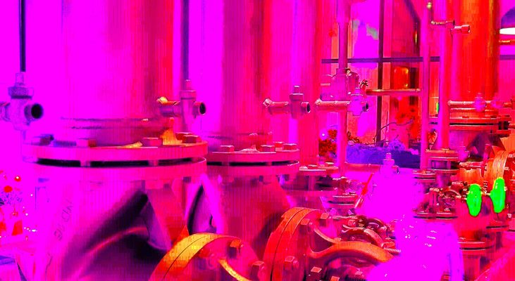 31.01.2023 Manufakturen-Blog-PopArt-Projekt: Rohre I, pink - basierend auf einem Foto von übriggebliebenen Rohren und Leitungen in der Eisenhütte Augustfehn (Foto: Wigmar Bressel)