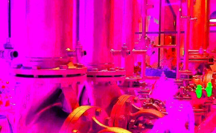 31.01.2023 Manufakturen-Blog-PopArt-Projekt: Rohre I, pink - basierend auf einem Foto von übriggebliebenen Rohren und Leitungen in der Eisenhütte Augustfehn (Foto: Wigmar Bressel)
