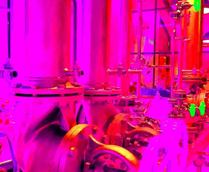 31.01.2023 Manufakturen-Blog-PopArt-Projekt: Rohre I, pink - basierend auf einem Foto von übriggebliebenen Rohren und Leitungen in der Eisenhütte Augustfehn (Foto: Wigmar Bressel)