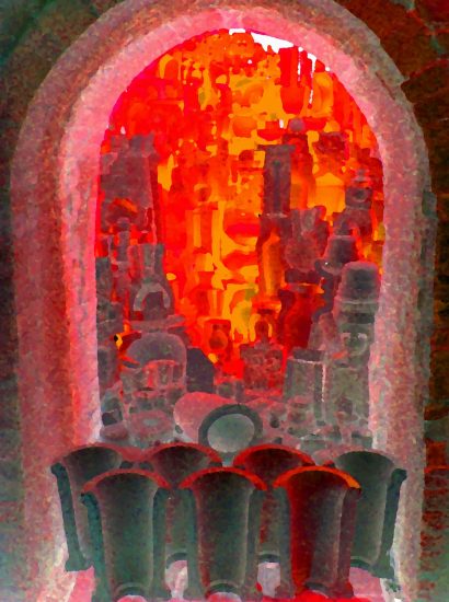12.09.2019 Manufakturen-Blog-PopArt-Projekt: Rote Vasen - basierend auf einem Foto aus der alten Ofenhalle der Königlichen Porzellan-Manufaktur in Berlin (Foto: Wigmar Bressel)