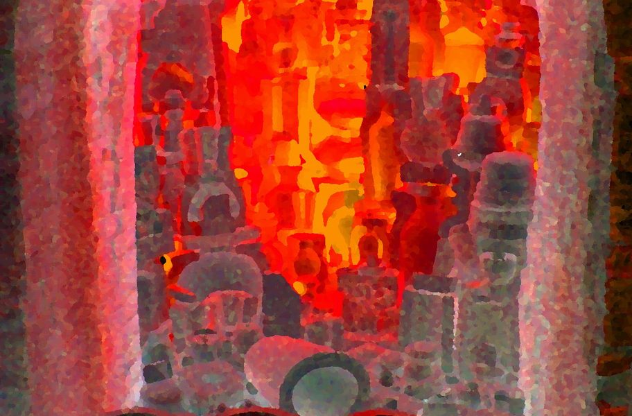 12.09.2019 Manufakturen-Blog-PopArt-Projekt: Rote Vasen - basierend auf einem Foto aus der alten Ofenhalle der Königlichen Porzellan-Manufaktur in Berlin (Foto: Wigmar Bressel)