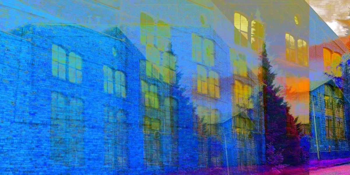 24.02.2023 Manufakturen-Blog-PopArt-Projekt: Lauchhammer Kunstguss I, blauviolett - basierend auf einem Foto von Produktionsgebäuden der Gießerei in der Brandenburger Lausitz (Foto: Wigmar Bressel)