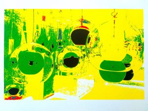 27.06.2021 Manufakturen-Blog-PopArt-Projekt: Planeten II, gelb (Siebdruck) - Fünffarb-Handsiebdruck, basierend auf einem Foto in der Leuchten-Ausstellung in der Glasmanufaktur Harzkristall in Derenburg (Foto: Wigmar Bressel)