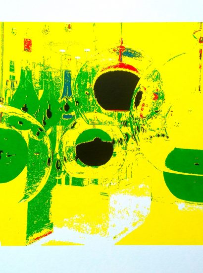27.06.2021 Manufakturen-Blog-PopArt-Projekt: Planeten II, gelb (Siebdruck) - Fünffarb-Handsiebdruck, basierend auf einem Foto in der Leuchten-Ausstellung in der Glasmanufaktur Harzkristall in Derenburg (Foto: Wigmar Bressel)