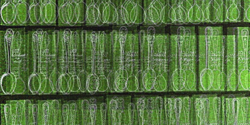 19.02.2021 Manufakturen-Blog-PopArt-Projekt: Grünpause I - basierend auf einem Foto einer Seite aus einem der mehr als 250 Folianten mit mehr als 10 000 technischen Original-Tuschezeichnungen der Silberwarenmanufaktur Koch & Bergfeld in Bremen; hier: Teelöffel. (Foto: Wigmar Bressel)