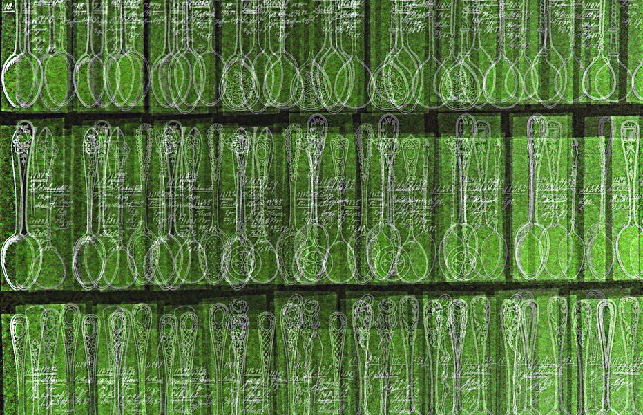 19.02.2021 Manufakturen-Blog-PopArt-Projekt: Grünpause I - basierend auf einem Foto einer Seite aus einem der mehr als 250 Folianten mit mehr als 10 000 technischen Original-Tuschezeichnungen der Silberwarenmanufaktur Koch & Bergfeld in Bremen; hier: Teelöffel. (Foto: Wigmar Bressel)