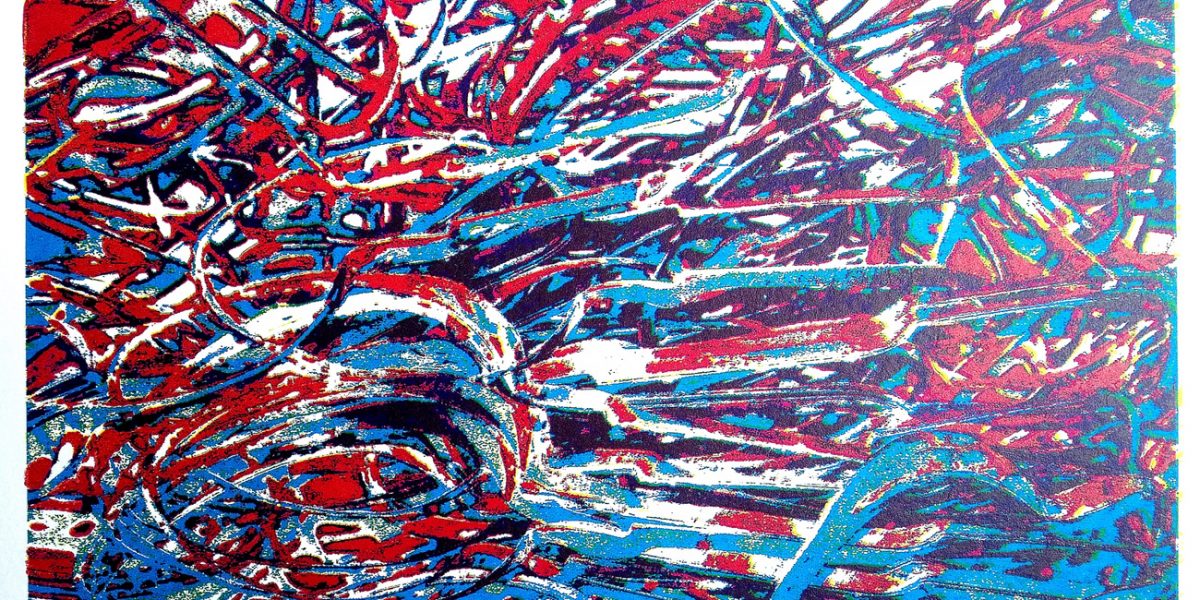 29.06.2021 Manufakturen-Blog-PopArt-Projekt: Stanzreste II, blau-weiß-rot (Siebdruck) - dreifarbiger Hand-Siebdruck basierend auf einem Foto von sog. 'Schroten' in der Besteckmanufaktur von Koch & Bergfeld in Bremen (Foto: Wigmar Bressel)