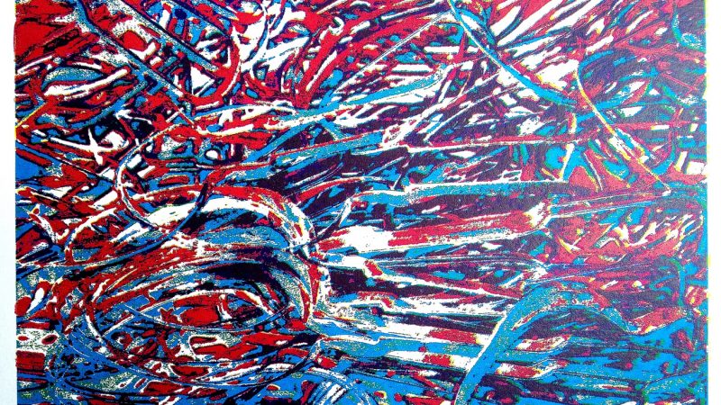 29.06.2021 Manufakturen-Blog-PopArt-Projekt: Stanzreste II, blau-weiß-rot (Siebdruck) - dreifarbiger Hand-Siebdruck basierend auf einem Foto von sog. 'Schroten' in der Besteckmanufaktur von Koch & Bergfeld in Bremen (Foto: Wigmar Bressel)
