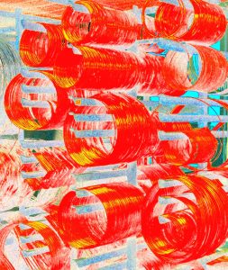 08.02.2020 Manufakturen-Blog-PopArt-Projekt: Kupferdraht, rot I - basierend auf einem Foto in der Urban-Lampenschirmmanufaktur; aus dem Draht auf Rollen werden die Gestelle für die Lampenschirme geschnitten und gelötet. (Foto: Wigmar Bressel)