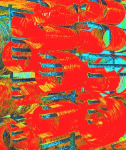 08.02.2020 Manufakturen-Blog-PopArt-Projekt: Kupferdraht, rot II - basierend auf einem Foto in der Urban-Lampenschirmmanufaktur; aus dem Draht auf Rollen werden die Gestelle für die Lampenschirme geschnitten und gelötet. (Foto: Wigmar Bressel)