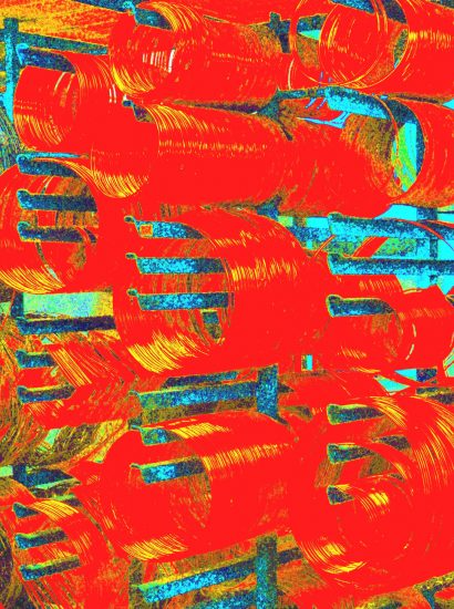08.02.2020 Manufakturen-Blog-PopArt-Projekt: Kupferdraht, rot II - basierend auf einem Foto in der Urban-Lampenschirmmanufaktur; aus dem Draht auf Rollen werden die Gestelle für die Lampenschirme geschnitten und gelötet. (Foto: Wigmar Bressel)