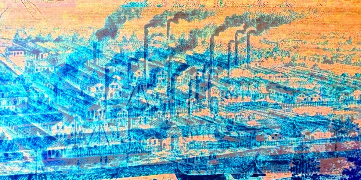 Manufakturen-Blog-PopArt-Projekt: Eisenhütte Augustfehn II, blau - basierend auf einem Foto einer historischen Radierung des heutigen Industriedenkmals in Ostfriesland (Foto: Wigmar Bressel)