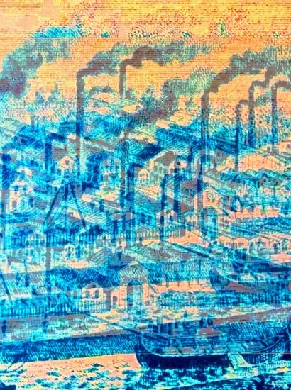 Manufakturen-Blog-PopArt-Projekt: Eisenhütte Augustfehn II, blau - basierend auf einem Foto einer historischen Radierung des heutigen Industriedenkmals in Ostfriesland (Foto: Wigmar Bressel)