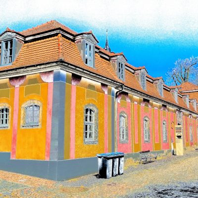 16.06.2023 Manufakturen-Blog-PopArt-Projekt: Keramik-Werkstatt II, orange - basierend auf einem Foto des Marstalls der Dornburger Schlösser, in dem in den Jahren 1920 - 1925 die Keramik-Werkstatt des Bauhauses Weimar untergebracht war; eine Keimzelle für Manufaktur-Design. Heute ein Museum dazu. (Foto: Wigmar Bressel)