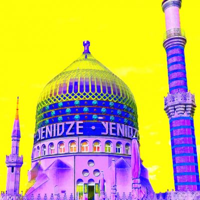 11.07.2023 Manufakturen-Blog-PopArt-Projekt: Sozialraum I, lilagelb - basierend auf einem Foto aus dem Biergarten auf dem Dach der früheren Tabakwarenmanufaktur 'Yenidze' in Dresden als Blick auf deren ehemalige Sozialräume für die Mitarbeiter unter der Kuppel - jetzt ist dort das Yenidze-Theater zuhause. (Foto: Wigmar Bressel)