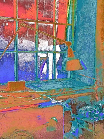 Manufakturen-Blog-PopArt-Projekt: Werkstatt III, orange (Foto: Wgmar Bressel) - basierend auf einem Foto aus der Schlosserei in der Leinenmanufaktur Hoffmann in Neukirch/Oberlausitz