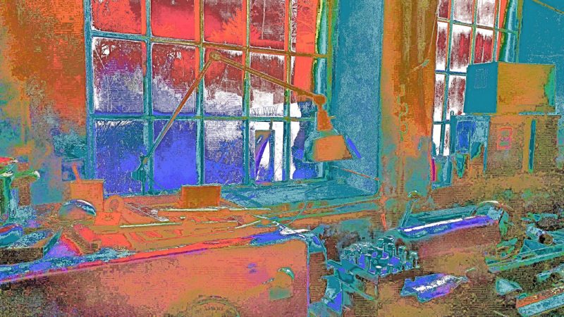 Manufakturen-Blog-PopArt-Projekt: Werkstatt III, orange (Foto: Wgmar Bressel) - basierend auf einem Foto aus der Schlosserei in der Leinenmanufaktur Hoffmann in Neukirch/Oberlausitz