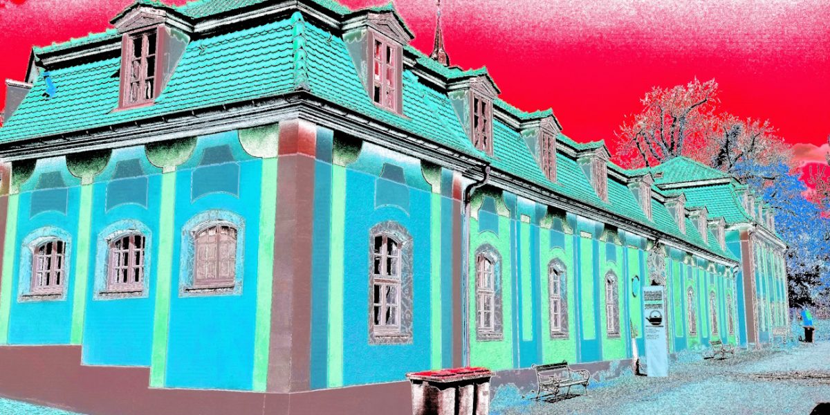 Manufakturen-Blog-PopArt-Projekt: Keramik-Werkstatt II (Blaue Tonnen), jade (Foto: Wigmar Bressel) - basierend auf einem Foto vom Marstall der Dornburger Schlösser, in dem die Keramik-Klasse des Bauhauses Weimar von 1920 - 1925 untergebracht war; heute das 'Bauhaus-Werkstatt-Museum Dornburg'