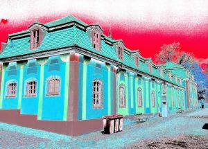 Manufakturen-Blog-PopArt-Projekt: Keramik-Werkstatt II (Blaue Tonnen), jade (Foto: Wigmar Bressel) - basierend auf einem Foto vom Marstall der Dornburger Schlösser, in dem die Keramik-Klasse des Bauhauses Weimar von 1920 - 1925 untergebracht war; heute das 'Bauhaus-Werkstatt-Museum Dornburg'