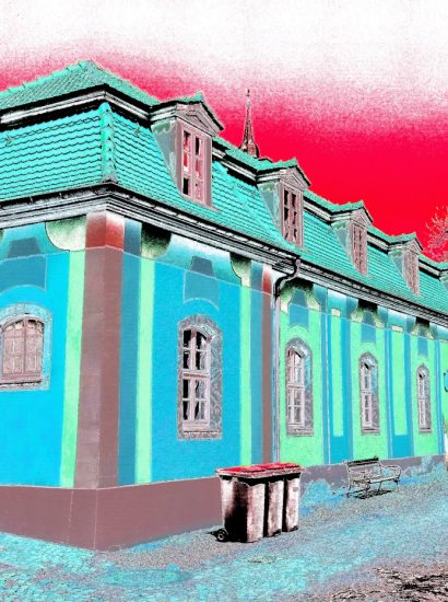 Manufakturen-Blog-PopArt-Projekt: Keramik-Werkstatt II (Blaue Tonnen), jade (Foto: Wigmar Bressel) - basierend auf einem Foto vom Marstall der Dornburger Schlösser, in dem die Keramik-Klasse des Bauhauses Weimar von 1920 - 1925 untergebracht war; heute das 'Bauhaus-Werkstatt-Museum Dornburg'