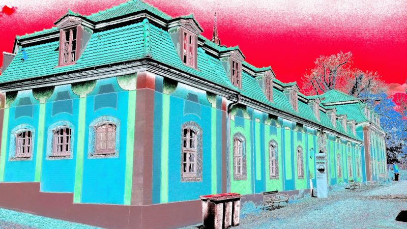 Manufakturen-Blog-PopArt-Projekt: Keramik-Werkstatt II (Blaue Tonnen), jade (Foto: Wigmar Bressel) - basierend auf einem Foto vom Marstall der Dornburger Schlösser, in dem die Keramik-Klasse des Bauhauses Weimar von 1920 - 1925 untergebracht war; heute das 'Bauhaus-Werkstatt-Museum Dornburg'