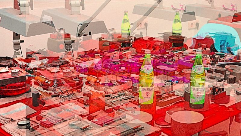 Manufakturen-Blog-PopArt-Projekt: Vier Arbeitsplatzlampen - vier Flaschen Gerolsteiner - aber nur eine Jacke, rot (Foto: Wigmar Bressel) - basierend auf einem Foto im Werkzeugbau der Produktion der Medaillen- und Manschettenknopf-Manufaktur Deumer in Lüdenscheid