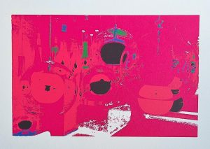 Manufakturen-Blog-PopArt-Projekt: Planeten II, magenta (Siebdruck) - Fünffarb-Handsiebdruck, basierend auf einem Foto in der Leuchten-Ausstellung in der Glasmanufaktur Harzkristall in Derenburg (Foto: Wigmar Bressel)