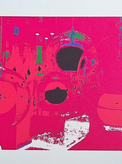 Manufakturen-Blog-PopArt-Projekt: Planeten II, magenta (Siebdruck) - Fünffarb-Handsiebdruck, basierend auf einem Foto in der Leuchten-Ausstellung in der Glasmanufaktur Harzkristall in Derenburg (Foto: Wigmar Bressel)