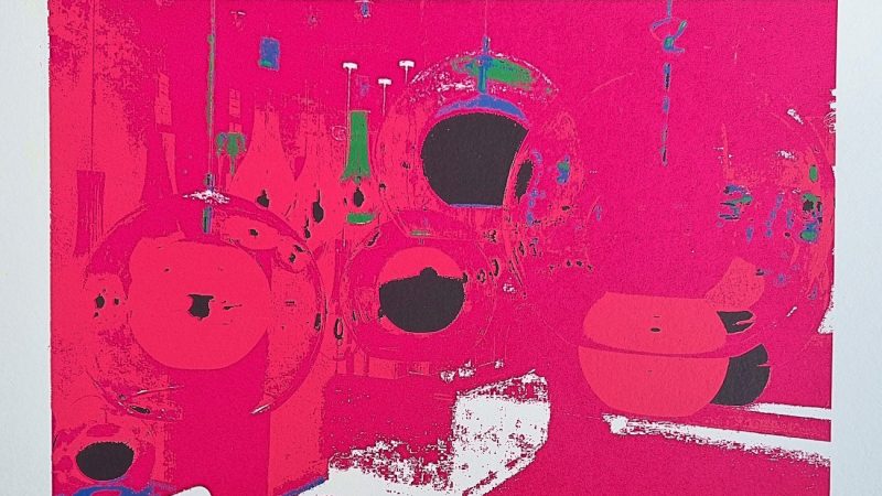 Manufakturen-Blog-PopArt-Projekt: Planeten II, magenta (Siebdruck) - Fünffarb-Handsiebdruck, basierend auf einem Foto in der Leuchten-Ausstellung in der Glasmanufaktur Harzkristall in Derenburg (Foto: Wigmar Bressel)