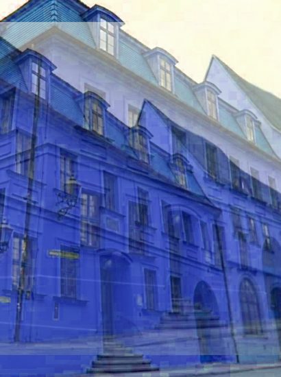 Manufakturen-Blog-PopArt-Projekt: Händelhaus, blau (Foto: Wigmar Bressel) - dort wurde die eine Hälfte der Grundlage für das Audio-Logo des Manufakturen-Blogs aufgenommen