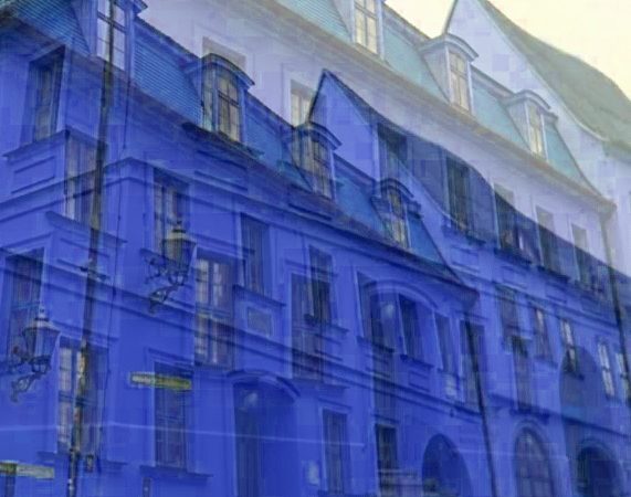 Manufakturen-Blog-PopArt-Projekt: Händelhaus, blau (Foto: Wigmar Bressel) - dort wurde die eine Hälfte der Grundlage für das Audio-Logo des Manufakturen-Blogs aufgenommen