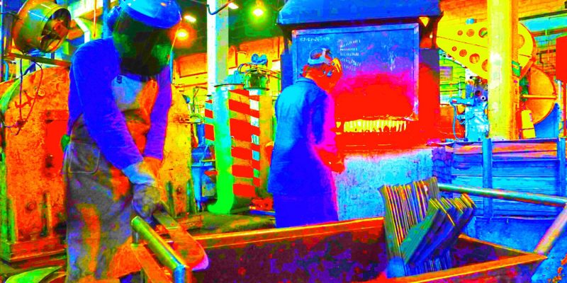 Manufakturen-Blog-PopArt-Projekt: Machete II, blau (Foto: Wigmar Bressel) - basierend auf einem Foto von Martin Specht in der kolumbianischen Macheten-Manufaktur Incolma in Manizales, hervorgegangen aus der Solinger Schmiede Gebr. Weyersberg aus dem 18. Jahrhundert