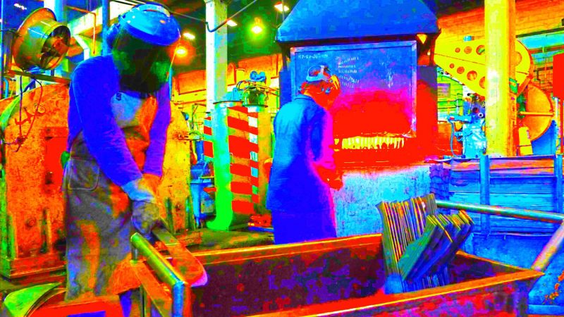 Manufakturen-Blog-PopArt-Projekt: Machete II, blau (Foto: Wigmar Bressel) - basierend auf einem Foto von Martin Specht in der kolumbianischen Macheten-Manufaktur Incolma in Manizales, hervorgegangen aus der Solinger Schmiede Gebr. Weyersberg aus dem 18. Jahrhundert