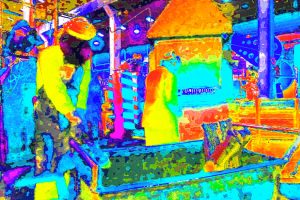 Manufakturen-Blog-PopArt-Projekt: Machete II, gelb (Foto: Wigmar Bressel) - basierend auf einem Foto von Martin Specht in der kolumbianischen Macheten-Manufaktur Incolma in Manizales, hervorgegangen aus der Solinger Schmiede Gebr. Weyersberg aus dem 18. Jahrhundert