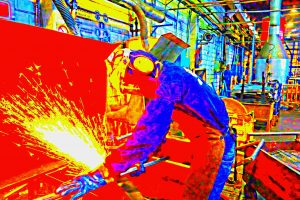 Manufakturen-Blog-PopArt-Projekt: Machete I, bunt (rot) (Foto: Wigmar Bressel) - basierend auf einem Foto von Martin Specht in der kolumbianischen Macheten-Manufaktur Incolma in Manizales, hervorgegangen aus der Solinger Schmiede Gebr. Weyersberg aus dem 18. Jahrhundert