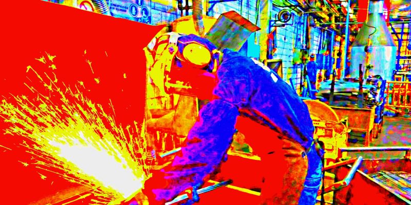 Manufakturen-Blog-PopArt-Projekt: Machete I, bunt (rot) (Foto: Wigmar Bressel) - basierend auf einem Foto von Martin Specht in der kolumbianischen Macheten-Manufaktur Incolma in Manizales, hervorgegangen aus der Solinger Schmiede Gebr. Weyersberg aus dem 18. Jahrhundert