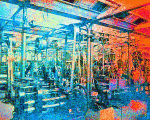 Manufakturen-Blog-PopArt-Projekt: Maschinensaal II, blau / rot (Grafik: Wigmar Bressel)