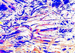 Manufakturen-Blog-PopArt-Projekt: Stanzreste, blau / weiß (Foto: Wigmar Bressel) - basierend auf einem Foto eines dreifarbigen Hand-Siebdrucks basierend auf einem Foto von sog. 'Schroten' in der Besteckmanufaktur von Koch & Bergfeld in der Neustadt von Bremen