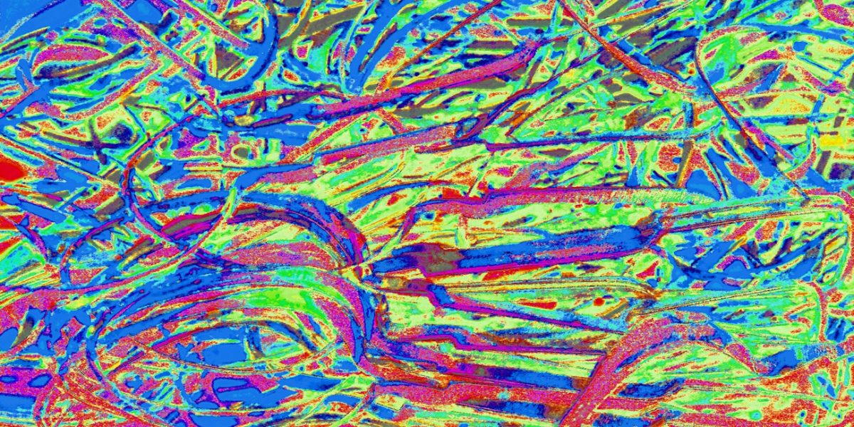 Manufakturen-Blog-PopArt-Projekt: Stanzreste, blau / grün (Foto: Wigmar Bressel) - basierend auf einem Foto eines dreifarbigen Hand-Siebdrucks basierend auf einem Foto von sog. 'Schroten' in der Besteckmanufaktur von Koch & Bergfeld in der Neustadt von Bremen