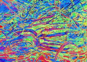 Manufakturen-Blog-PopArt-Projekt: Stanzreste, blau / grün (Foto: Wigmar Bressel) - basierend auf einem Foto eines dreifarbigen Hand-Siebdrucks basierend auf einem Foto von sog. 'Schroten' in der Besteckmanufaktur von Koch & Bergfeld in der Neustadt von Bremen