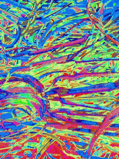 Manufakturen-Blog-PopArt-Projekt: Stanzreste, blau / grün (Foto: Wigmar Bressel) - basierend auf einem Foto eines dreifarbigen Hand-Siebdrucks basierend auf einem Foto von sog. 'Schroten' in der Besteckmanufaktur von Koch & Bergfeld in der Neustadt von Bremen