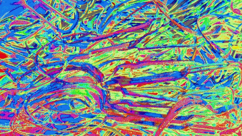 Manufakturen-Blog-PopArt-Projekt: Stanzreste, blau / grün (Foto: Wigmar Bressel) - basierend auf einem Foto eines dreifarbigen Hand-Siebdrucks basierend auf einem Foto von sog. 'Schroten' in der Besteckmanufaktur von Koch & Bergfeld in der Neustadt von Bremen