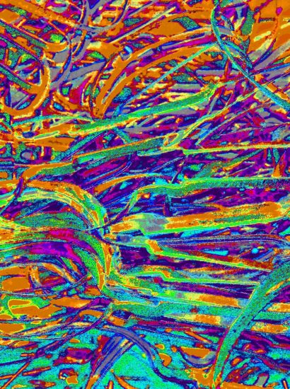 Manufakturen-Blog-PopArt-Projekt: Stanzreste, orange (Foto: Wigmar Bressel) - basierend auf einem Foto eines dreifarbigen Hand-Siebdrucks basierend auf einem Foto von sog. 'Schroten' in der Besteckmanufaktur von Koch & Bergfeld in der Neustadt von Bremen